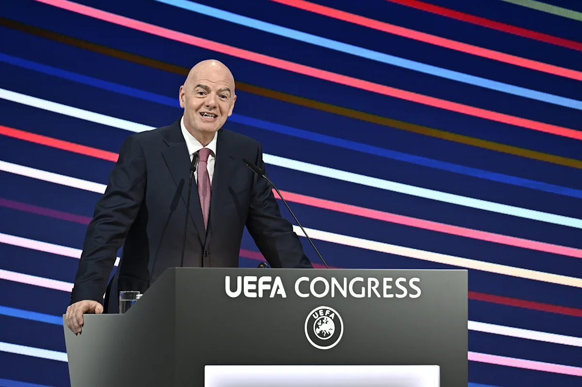 Presiden FIFA Gianni Infantino berbicara dalam Kongres UEFA ke-49 di Belgrade, Serbia, pada 3 April 2025.